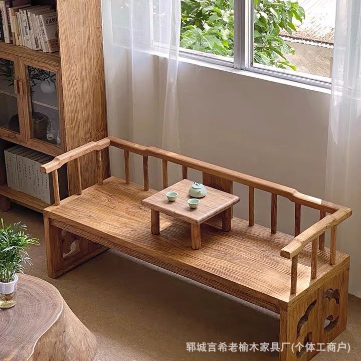 Quiet Style Chinese Elm Rohan Bed Sofa Chair Meditation Zen Bed Small Apartment Solid Wood Weathered Rohan Bed
