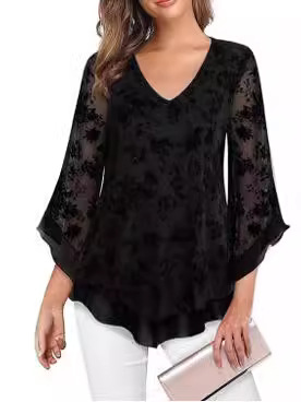 2024 Cross-border Women's Dress Top with Seven-sleeve Waist Asymmetrical Hem Shirt Light Mesh Lace Shirt