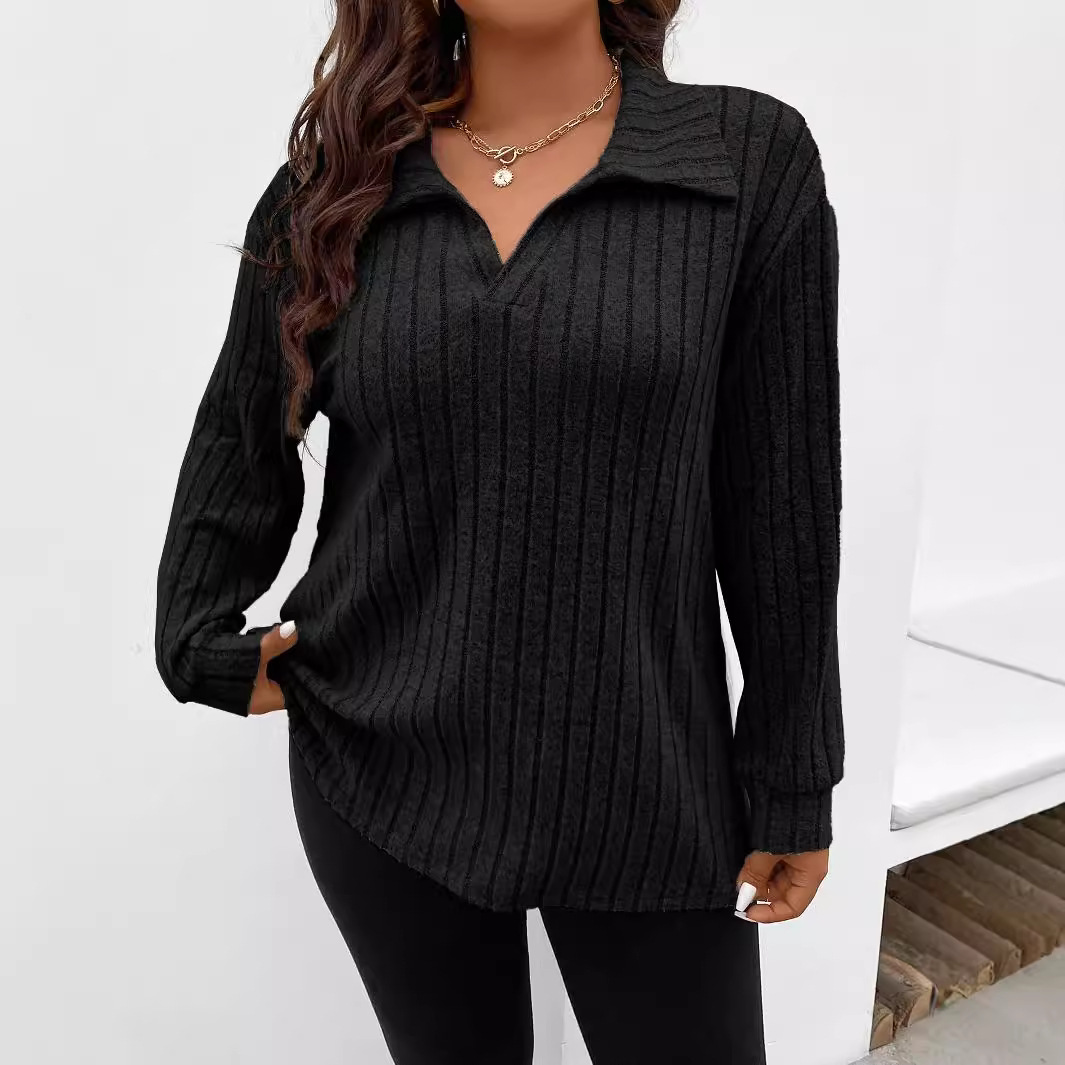 2025 Amazon Autumn and Winter New Pure Color Plus Size Women's Tops V-Neck Lapel Long-Sleeved Pit Brushed T-Shirt Loose