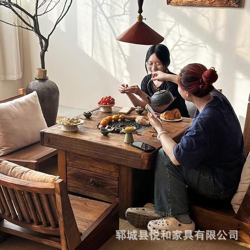 Old Elm Wood Cooking Tea Table Outdoor Courtyard Barbecue Hot Pot Table Quiet Wind Camping Picnic Leisure Tea Table