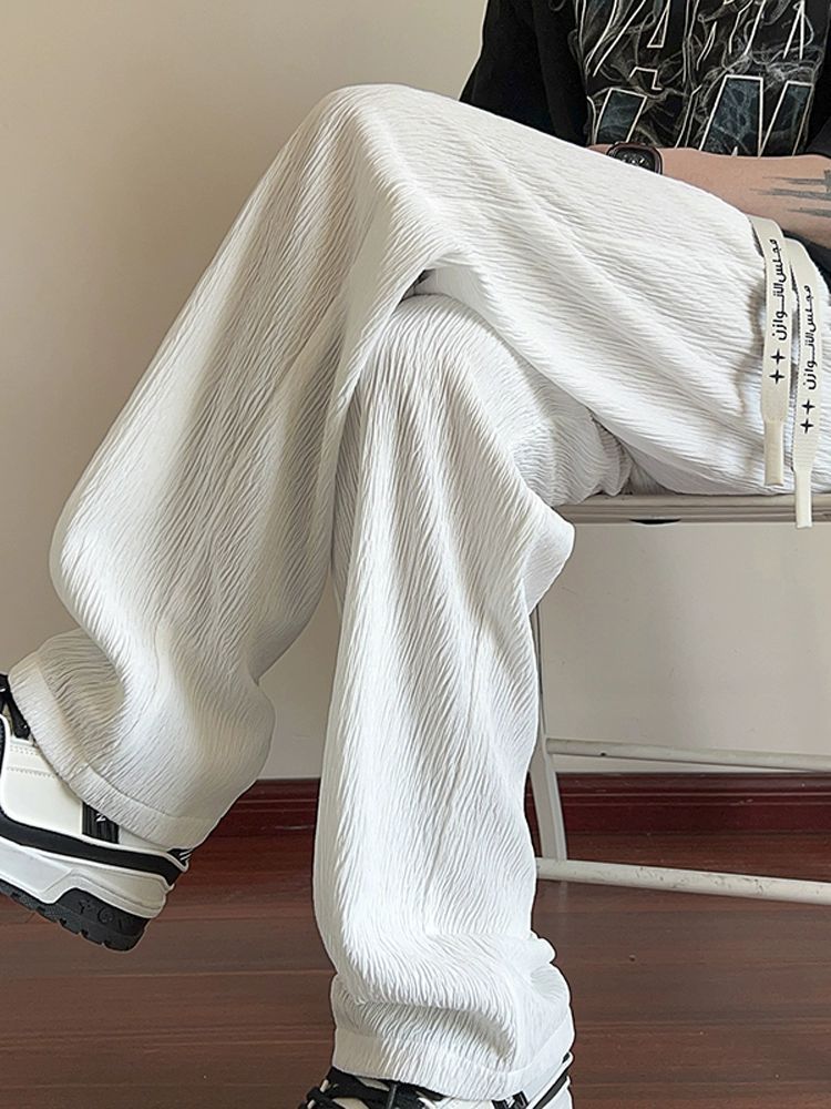 Прямые брюки из ледяного шелка с текстурой, модные мужские брюки на лето, большой размер, свободные, тонкие, легкие