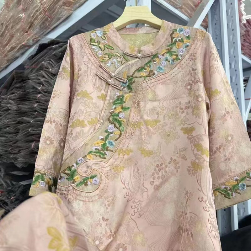 New Imitation Acetate Cool Double-Sided Printed Clothing Fabric Light Drape Silky Cheongsam Dress