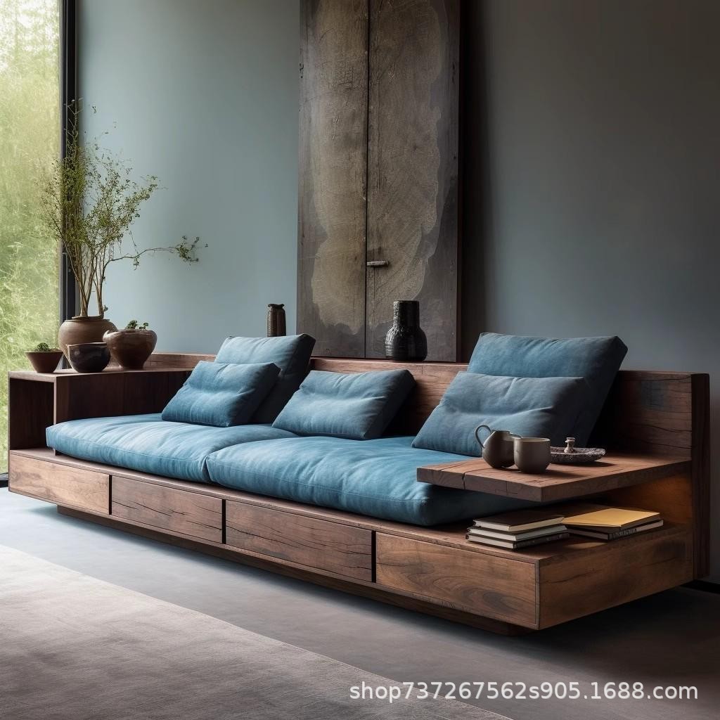 Quiet Style Old Elm Wood Sofa Household Straight Row Sofa Bed Living Room Solid Wood Sofa Chair Rohan Bed Sofa with Drawer