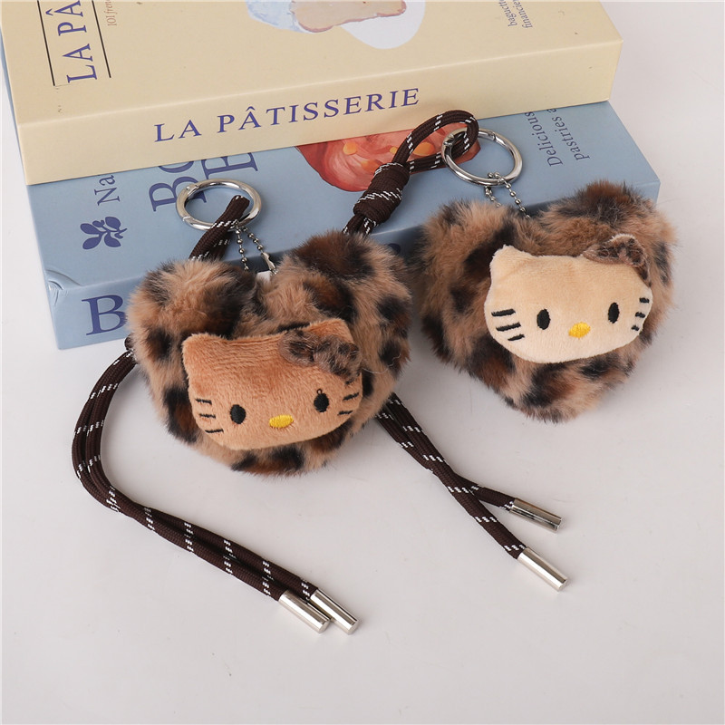 New Cartoon Cute Hello Kitty Bag Pendant Retro Leopard Print Kitty Plush Pendant Wholesale Bead Chain Key
