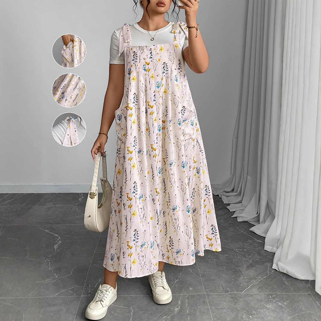 AliExpress Amazon in stock Summer New Women's plus size chubby girl Fashion European and American Solid Color Sling One-Body Dress for Women