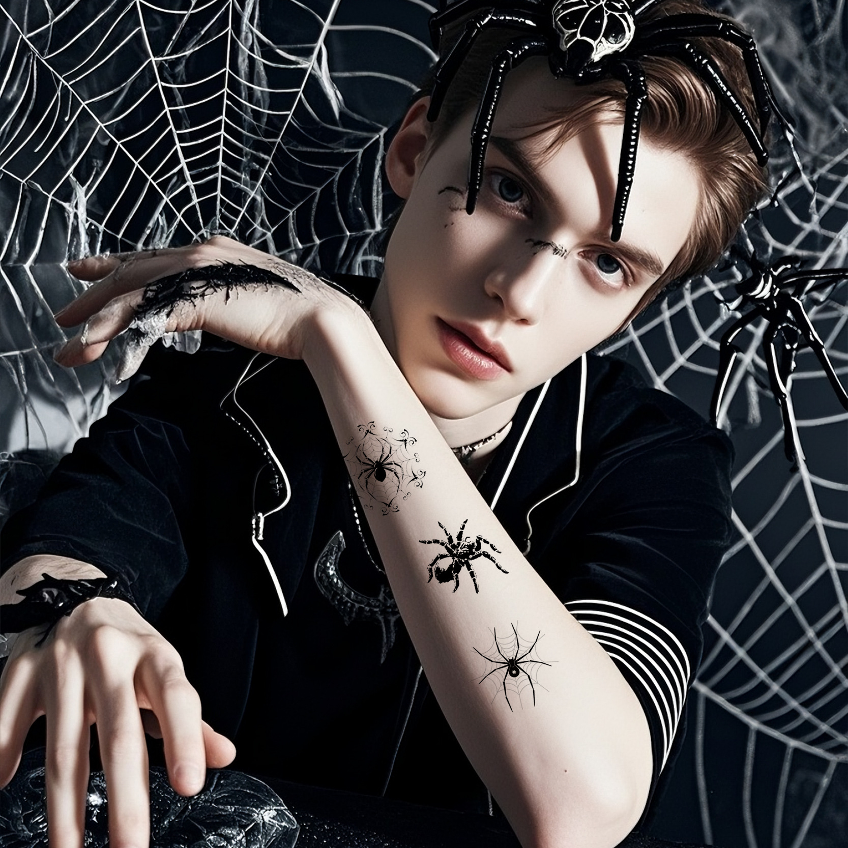 Cross-Border New Waterproof and Sweat-Proof Funny 3D Spider Tattoo Stickers Spider Web Halloween Tattoo Stickers
