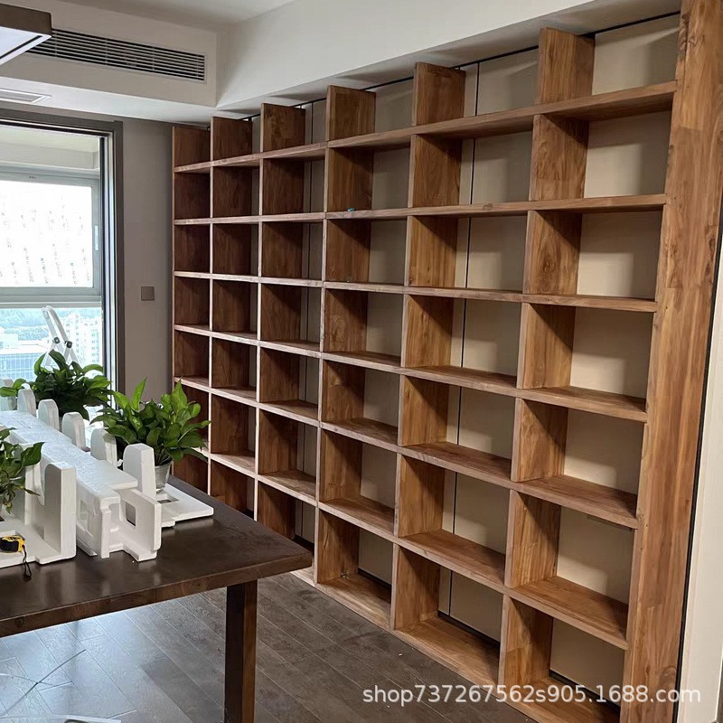 Solid Wood Bookshelf Bookcase Full Wall Old Elm Plaid Bookshelf Floor Supermarket Shelf Log Wall Storage Rack Exhibition Rack