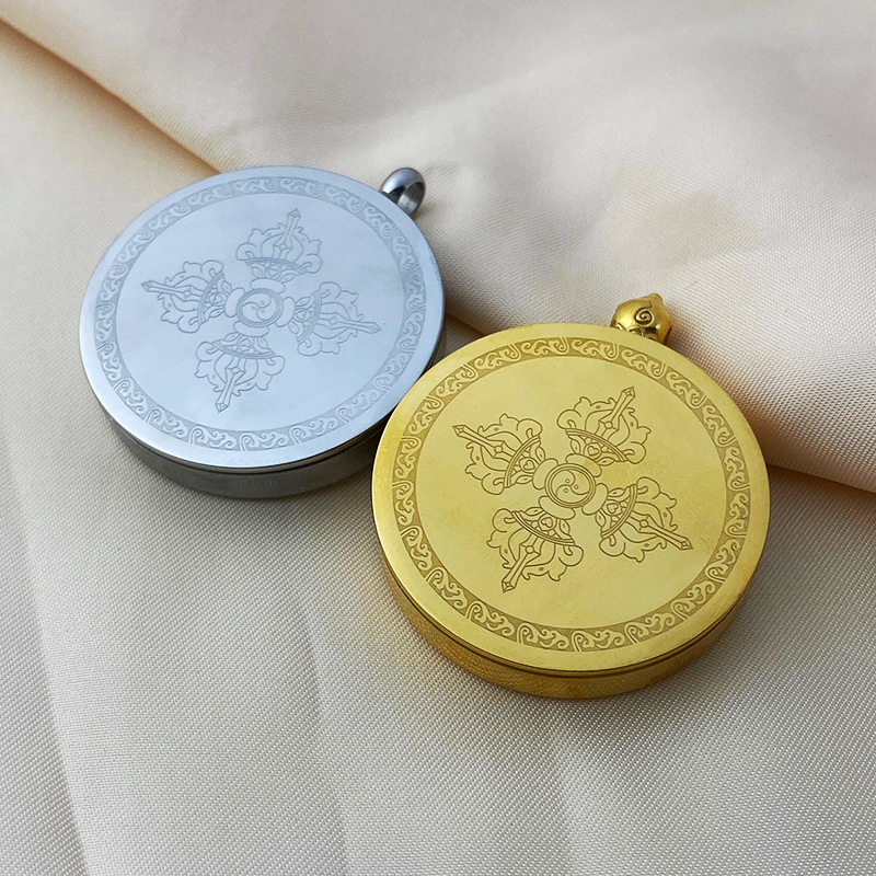 Mini Thangka Golden Gawu Box Threaded Zaji Ram Openable Stainless Steel Round Face Pendant Factory Wholesale