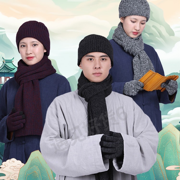 Shallow Zhu Monk Hat Winter Monk Hat Scarf Gloves fleece-lined Three-piece Set Monk Nun Monastery Master Monk
