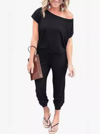 2024 Европейский и Американский кросс-бодер весенне-летний модный комбинезон с наклонным плечом, коротким рукавом и карманами