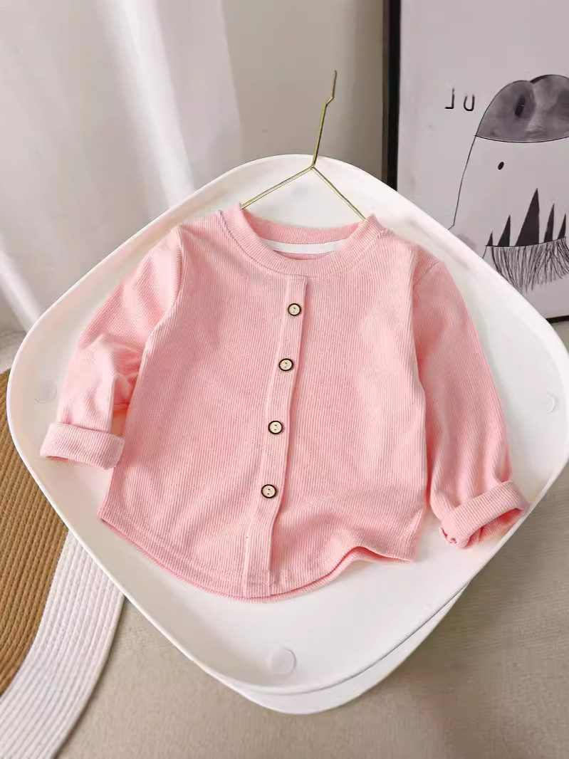 Girls Sweet Long-Sleeved T-Shirt 25 New Knitted Bottoming Shirt Kidsren's Pit Strip Stretch Button Warm Top Wholesale
