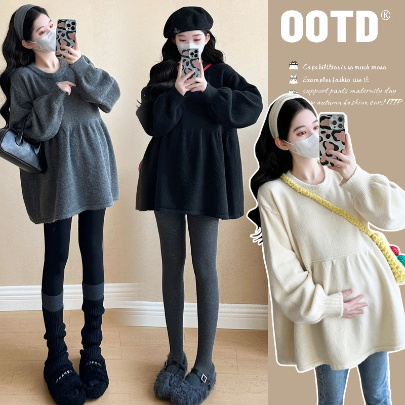 2024 Maternity Top Loose Belly-Covering Knitted Pullover Sweater