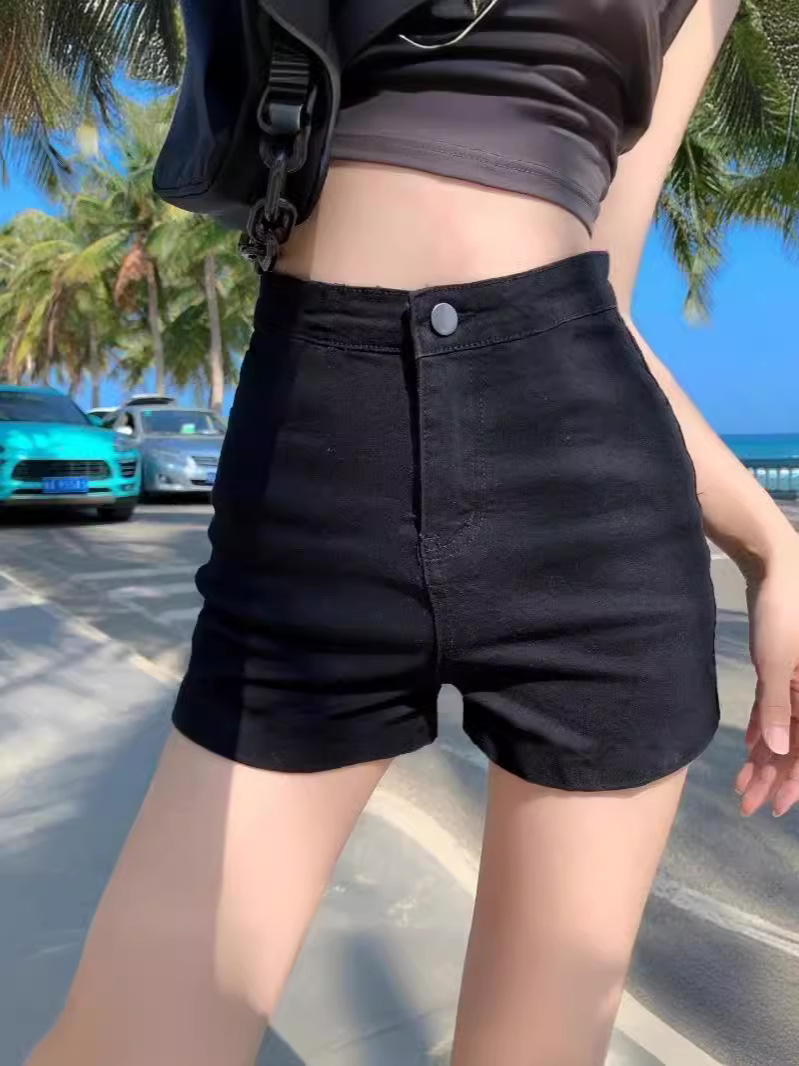Джинсовые шорты для женщин, эластичные, с высокой талией, черные, стройнящие, сексуальные