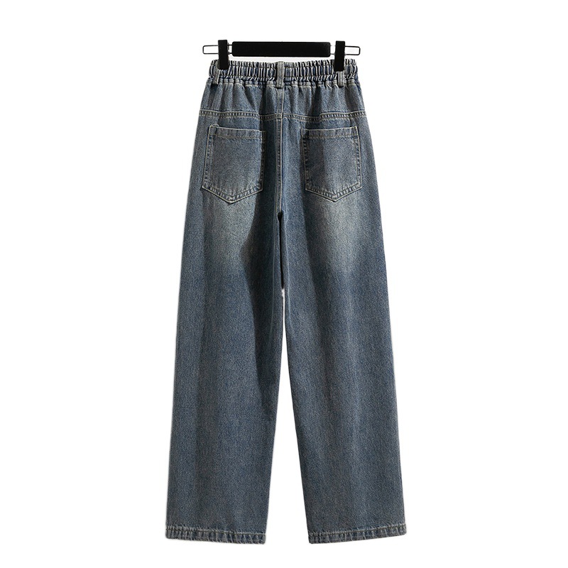 Real shot light color elastic waist drawstring Denim pure cotton pants women's autumn new plus size high waist straight loose wide leg pants