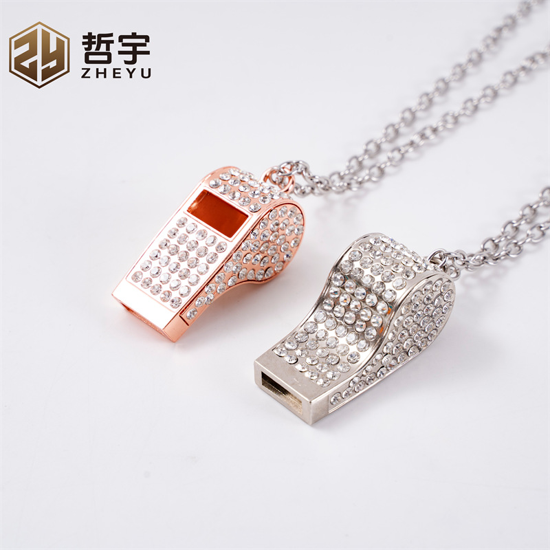 Zinc alloy metal diamond whistle does not match stainless steel jewelry chain couple jewelry pendant outdoor distress whistle