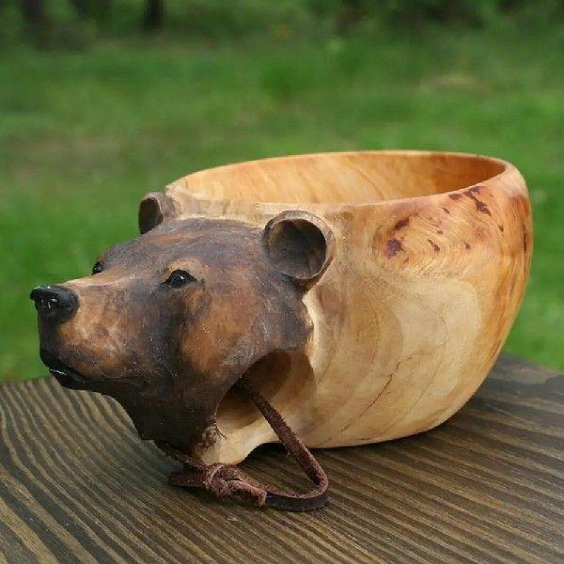 Natural Water Beer Mug Handmade Wood Carved Fox Animal Head