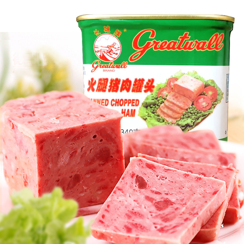 Great Wall brand ham pork canned 340g instant white pig lunch meat meat food hot pot tea restaurant wholesale