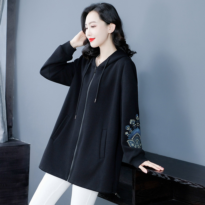 Autumn and Winter New Knitted Guofeng Embroidery Loose plus size Hooded Fashion Casual Long Sleeve Sweater Middle-aged and Elderly Women's Wear