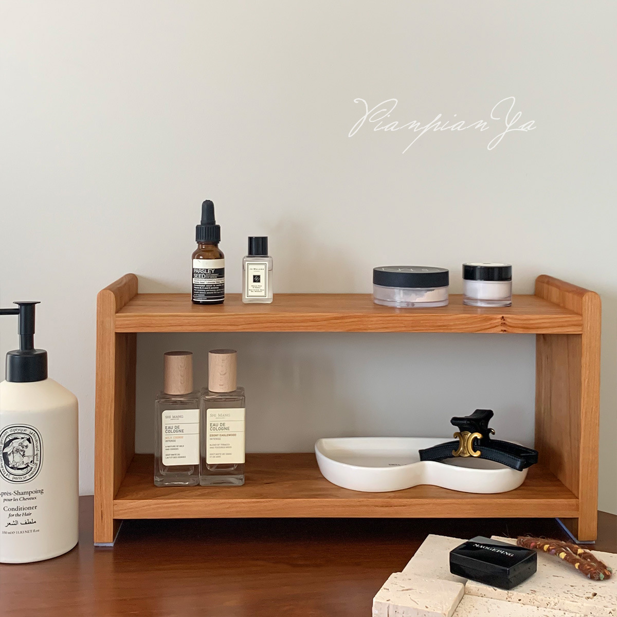 Solid wood storage rack double-layer cherry Beech desktop tea set Cup storage rack office desk organizing rack