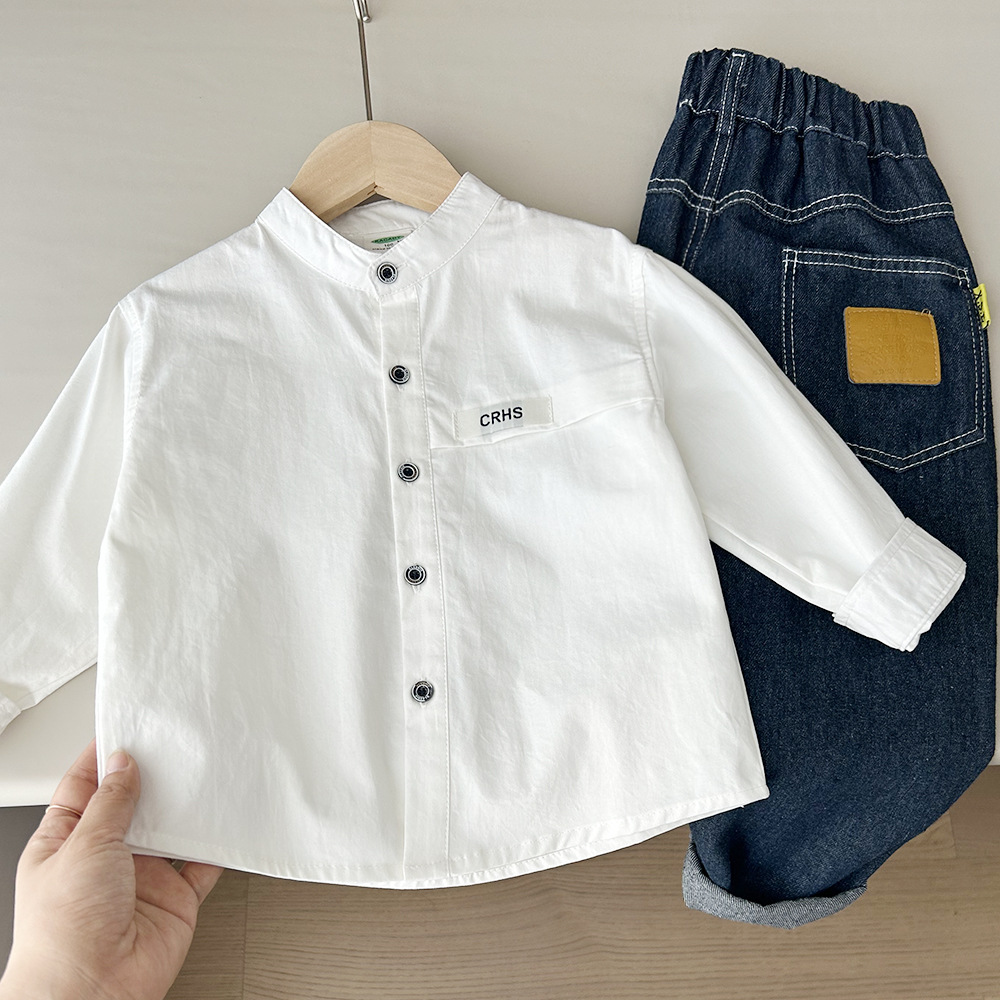 2025 Spring and Autumn Children's Clothing Boys Children's New Cotton Stand Collar White Long Sleeve Shirt Shirt Tops Wholesale Dropshipping
