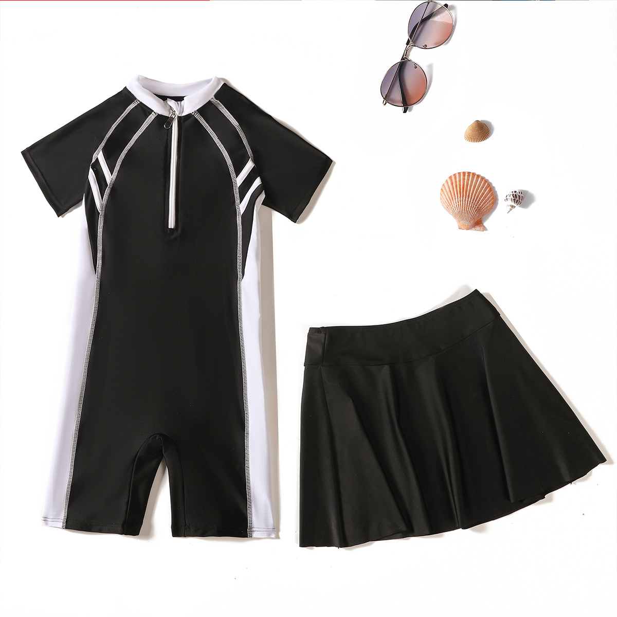 Korean Style Swimsuit Conservative One-Piece Family Kidsren's Swimsuit Sports Swimming Pool Professional Swimsuit Women's Anti-Embarrassment Skirt Summer