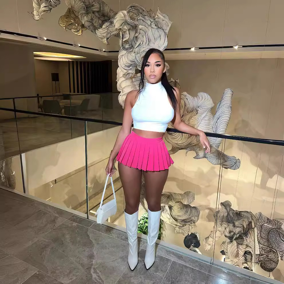 Ad1347 European and American Clothing Amazon 2023 Summer Hot Style Pure Color Sexy Mini Pleated Skirt