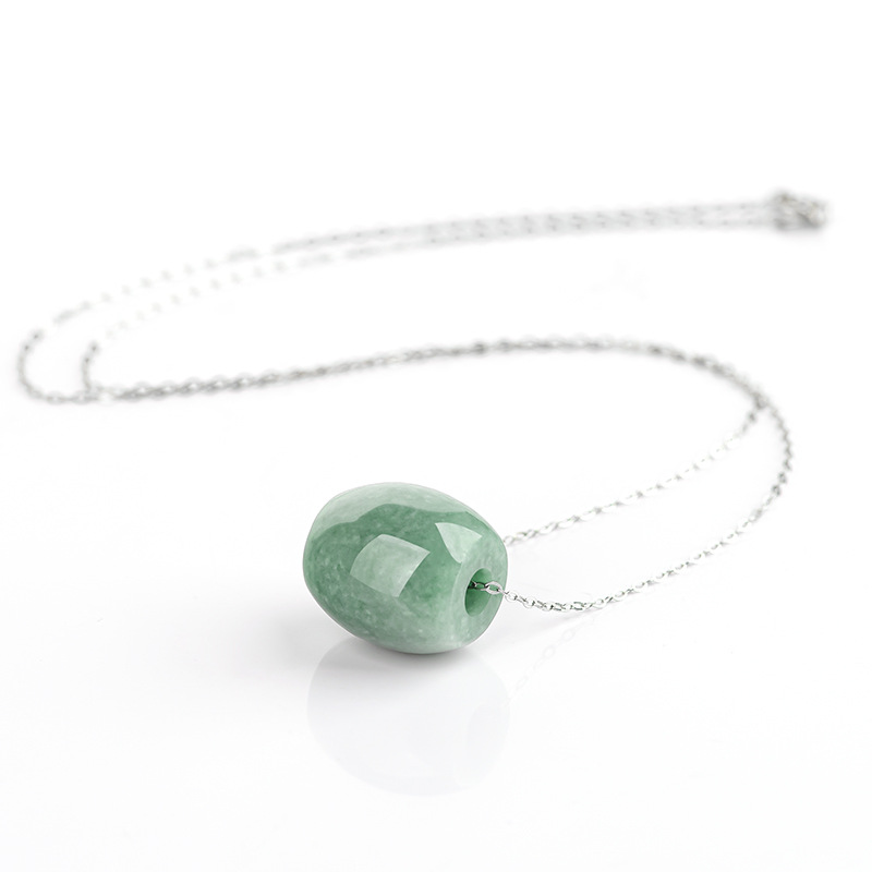 Natural A Jade Passepartout Pendant Ice Jade Stone Bean Green Barrel Bead Women's Jade Pendant with 925 Silver Chain Wholesale
