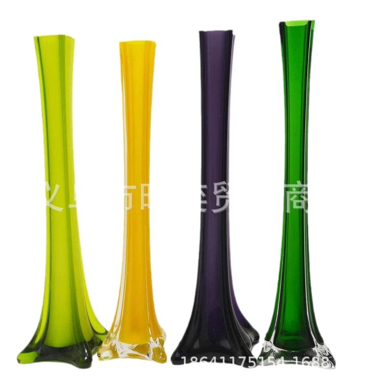 Factory Direct Sales Cross-Border Eiffel Tower Glass Vase with Feather Four-Corner Flower Arrangement Wedding Home Decoration