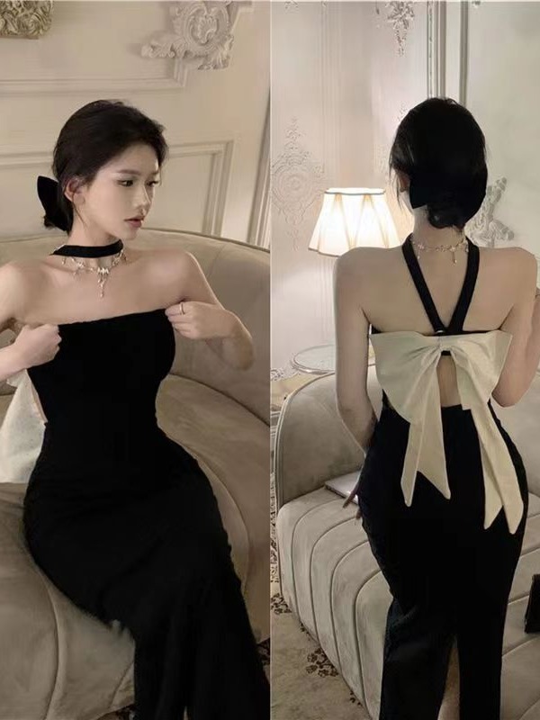 Черное летнее платье на завязках, сексуальная юбка с бантом, облегающий силуэт, разрез