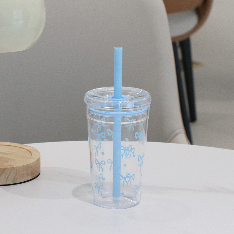 Summer new single-layer transparent plastic suction cup simple straight milk tea cup coffee cup bow printing wholesale