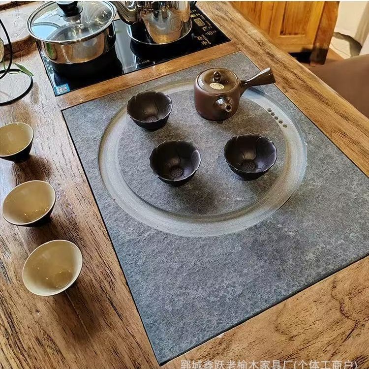 Small Tea Table Elm Tea Table and Chair Combination Solid Wood Special-Shaped Tea Table Wabi-Sabi Style Office Tea Table Small Bench