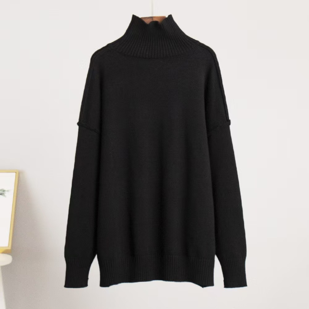 Autumn and Winter New European Turtleneck Sweater Women's Thickened Loose Lazy Style Sweater All-match Solid Color Knitted Base Shirt