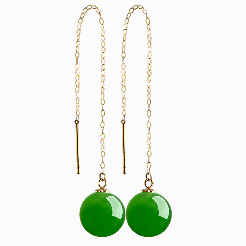 Natural Hetian Jade Jasper Round Bead Earrings for Women 18K Gold Inlaid Spinach Green Jade Round Bead Earrings with Certificate