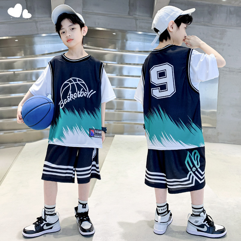 Boys Summer Suit Jersey Handsome Sports Internet Celebrity Middle and Large Kidsren Sleeveless Vest Quick-Drying Summer Kidsren's Basketball Uniform