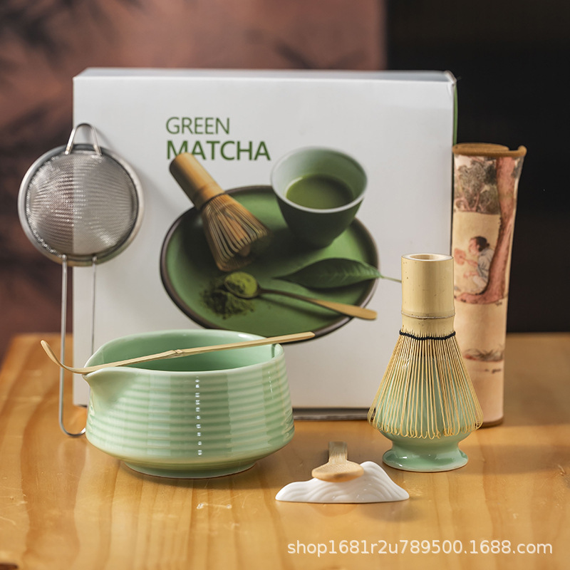 Japanese-Style Matcha Tea Set with Tea Whisk, Tea Scoop, Tea Bowl, and Tea Tools in a Colorful Ceramic Box Set