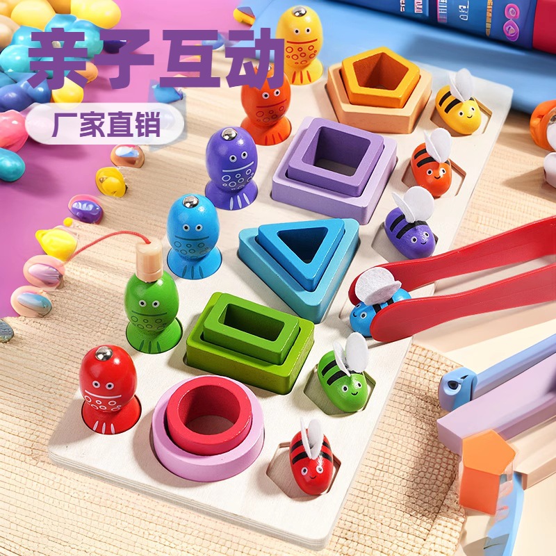 CE Wooden Sleeve Column Young Children Montessori Early Education Geometric Shape Building Blocks Matching Color Cognitive Classification Educational Toys