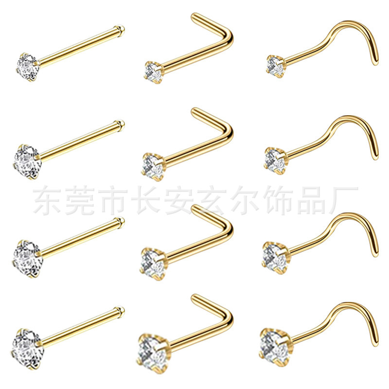 Stainless Steel 7-Shaped 5-Shaped Straight Nose Nail Inlaid with Zircon Cross-Border Popular L-Rod Curved Rod Straight Nose Ring Body Piercing Factory