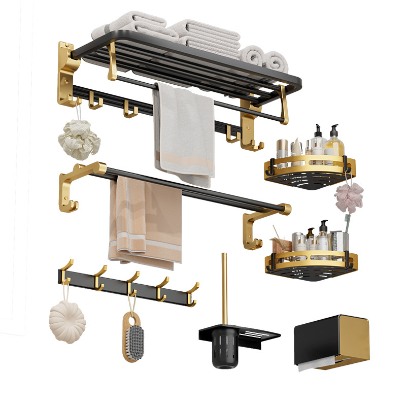 Punch-free Bathroom Towel Rack Bathroom Black Gold Space Aluminum Towel Rack Bathroom Hardware Pendant Set