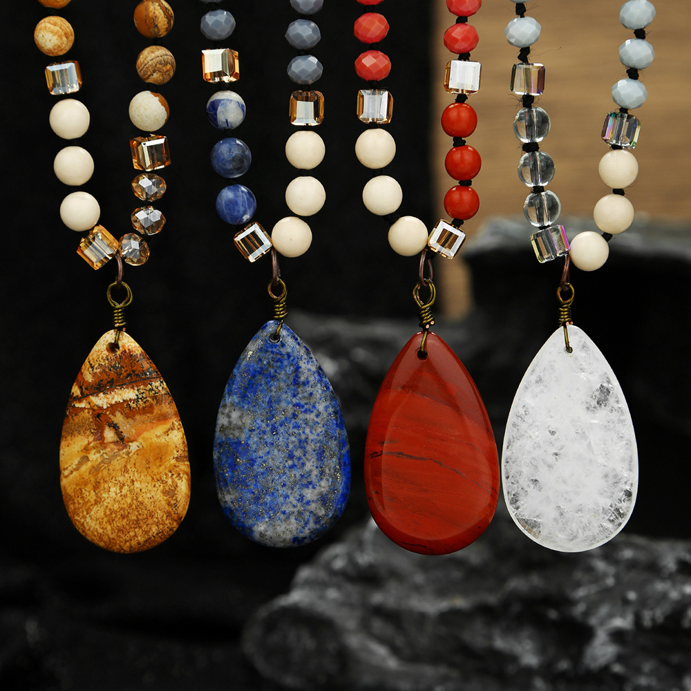 Zhuhang Jewelry Cross-Border Popular Natural Stone Pendant Long Water Drop Sweater Chain Red Wood Grain Necklace Jewelry Wholesale
