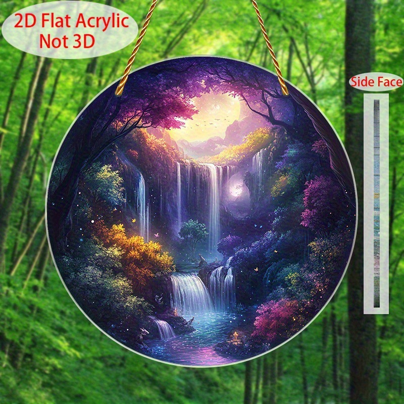 2D Flat Moonlight Forest Dream Catcher Hanging Decor - 2D Flat Acrylic Art, Vivid Waterfall, Glowing