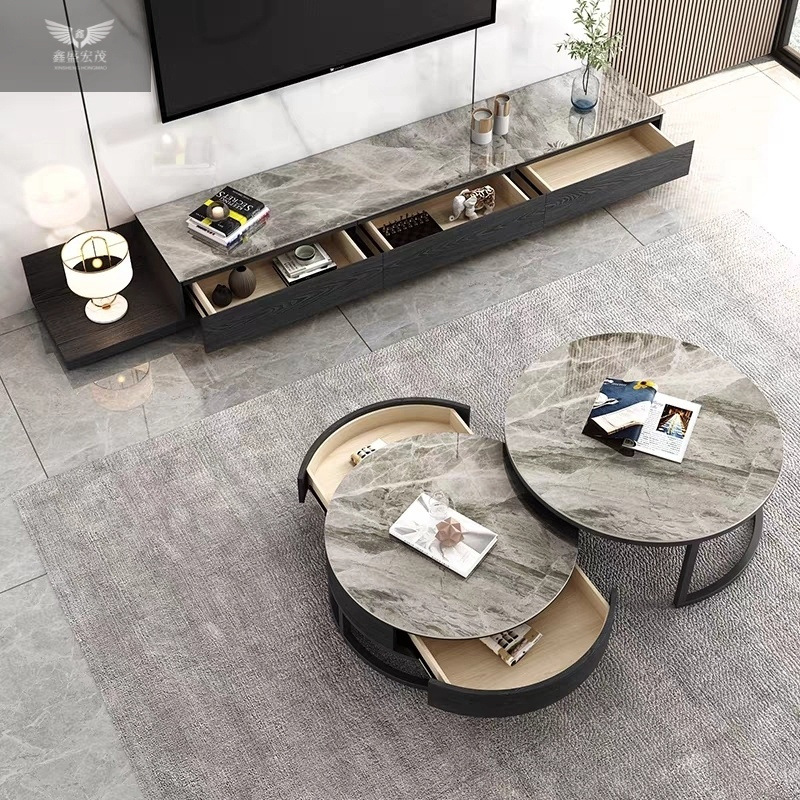 Light Luxury Modern Simple Nordic Light Rock Plate High-end Coffee Table TV Cabinet Combination Household Small Apartment Round Table