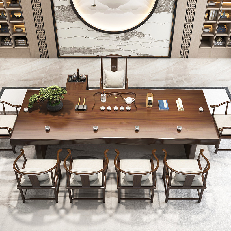 New Chinese Solid Wood Zen Big Board Tea Table Living Room Office Hotel Full Set Tea Table and Chair Combination