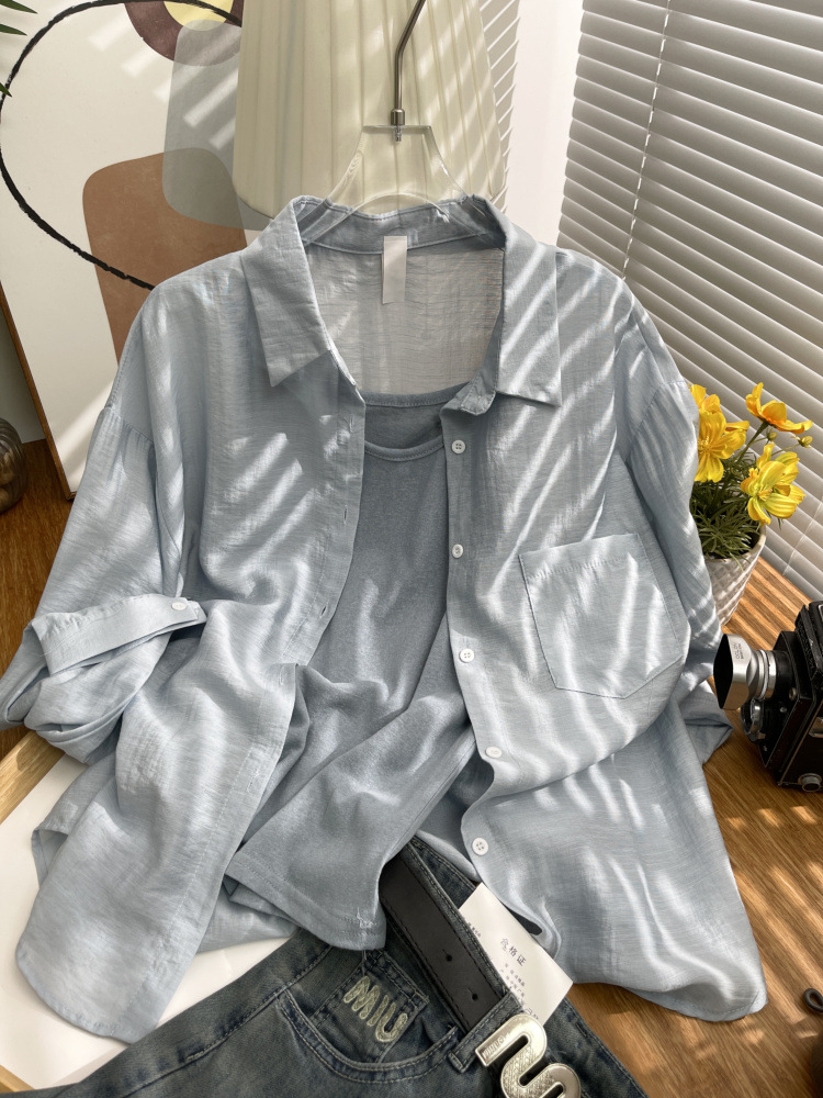 French Ice Silk Sunscreen Shirt for Women, Summer Silk Thin Shirt, High-End Anti-Wrinkle Long-Sleeved Sunscreen Top Two-Piece Set