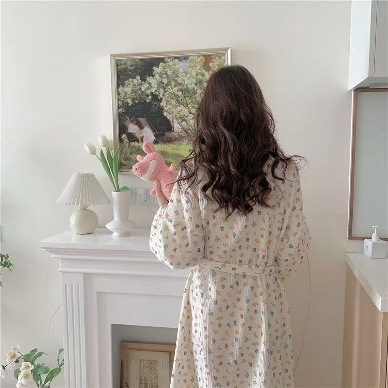 Japanese-style Kimono Long-sleeved Nightgown Cute Bear Nightgown Women's Autumn Long Pajamas Casual Home Clothes for Outer Wear