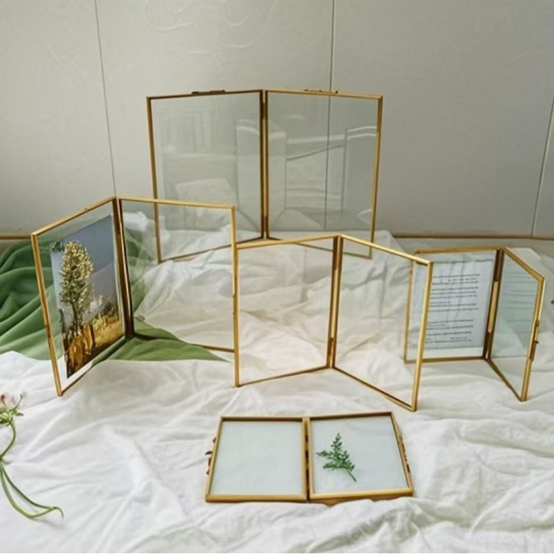 Nordic Glass Photo Frame Double Folding Simple Metal Photo Frame Set Table Card Plant Specimen Display Transparent Photo Frame