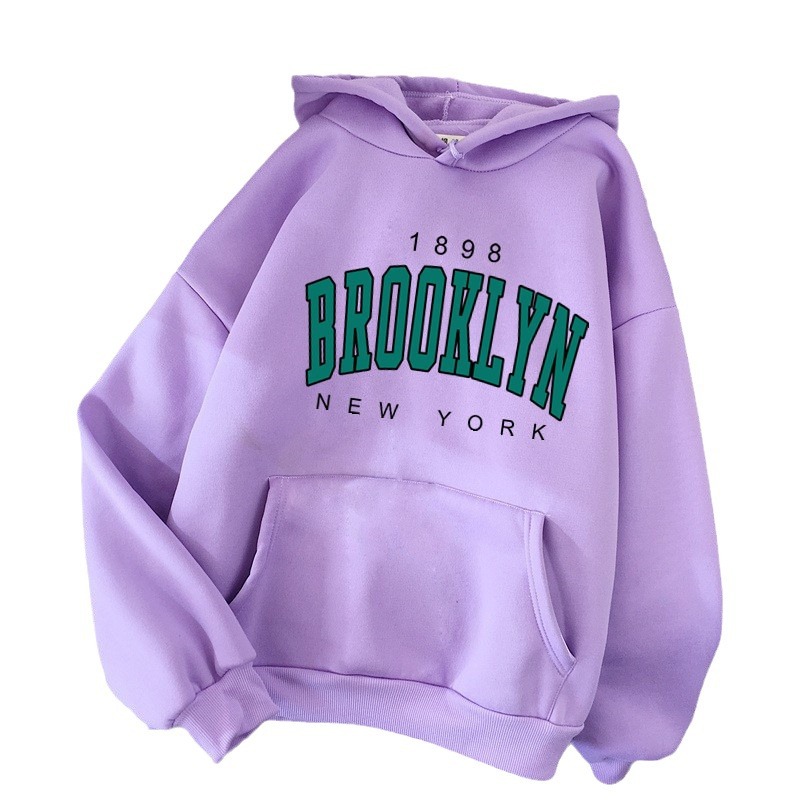 Autumn and Winter Fleece Loose Women's Sweater Hoodie Cross-border Hot Selling Brooklyn Printed Pullover Sweatshirt for Couples