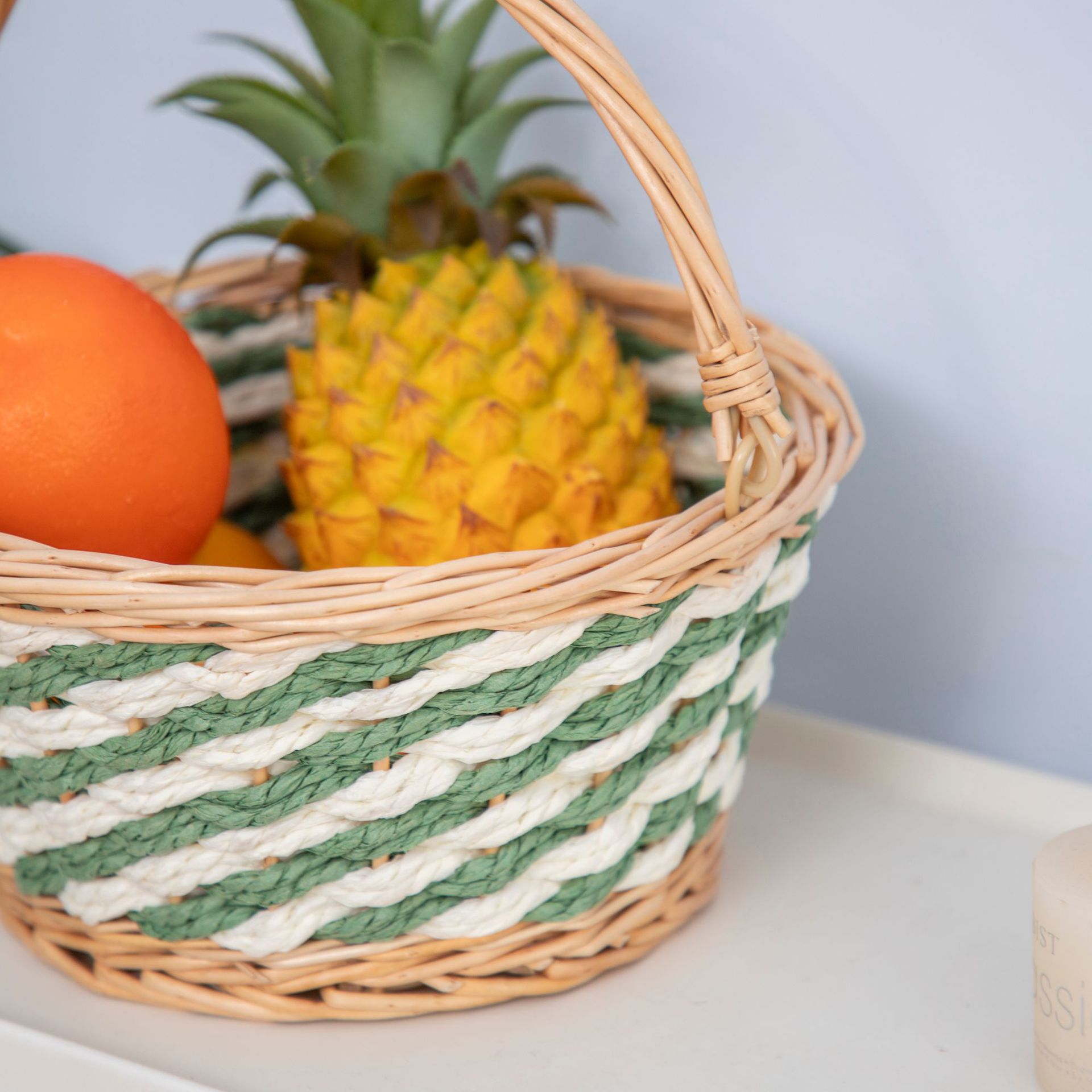 Customized Cross-Border Hot-Selling Green Rice Double-Color Paper Rope Live Handle Storage Basket Nordic Style Wicker Handmade Hand Basket