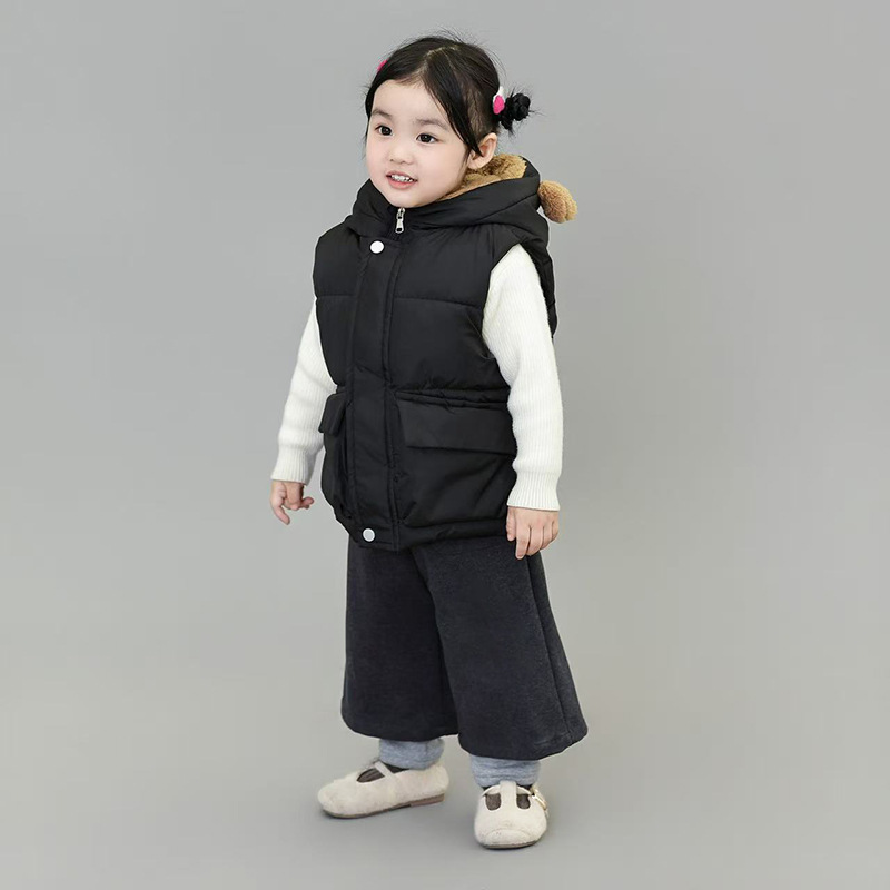 Children's Vest Hooded Thickened Boys' Outer Wearing Warm Waistle Girls' Baby's Velvet Vest Small and Medium-sized Children's Cute Baby