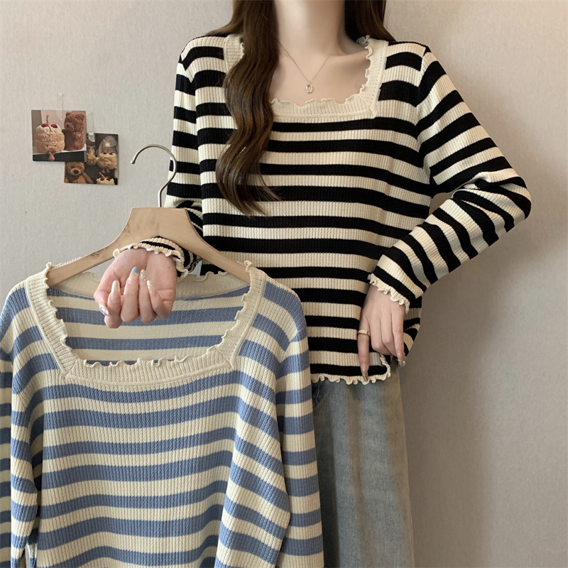 Футболка с квадратным вырезом для полных женщин 2025 весна осень новый