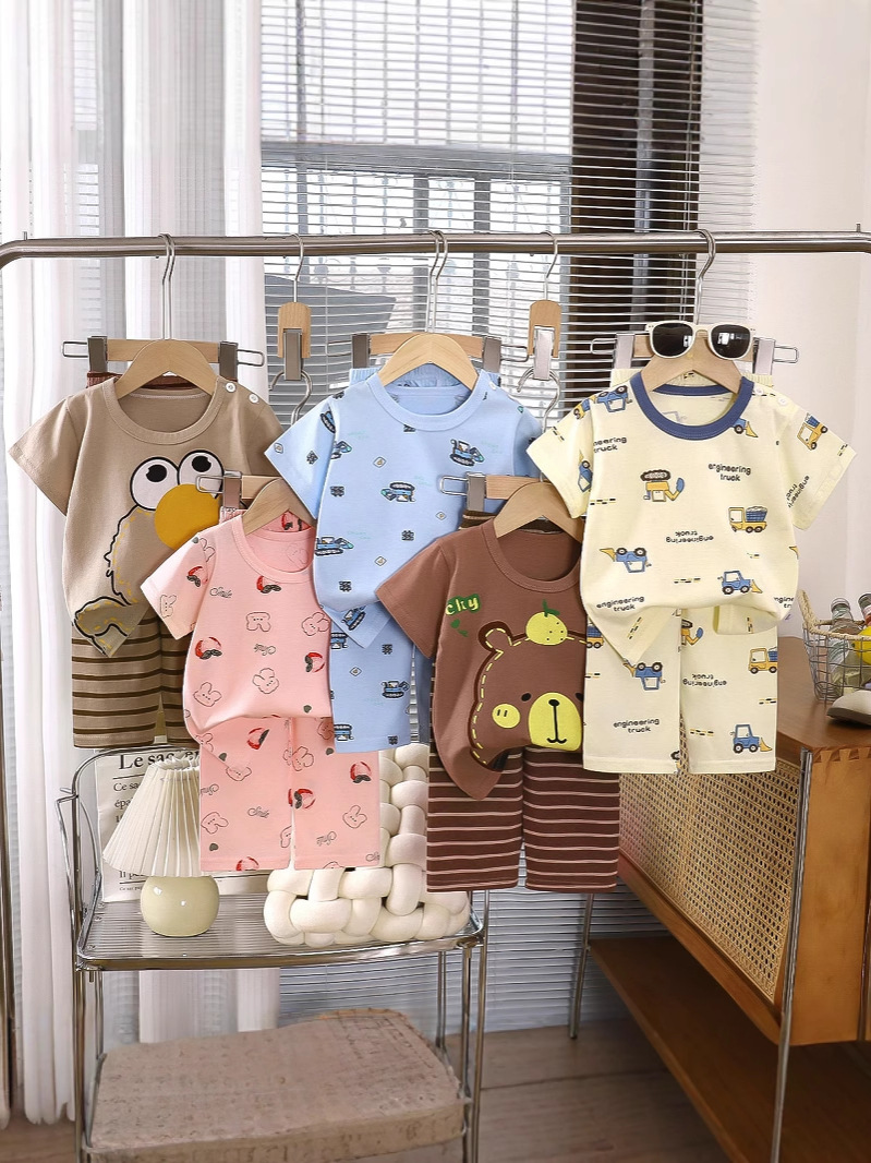 Детские костюмы с коротким рукавом для мальчиков и девочек, домашняя одежда, пижамы, чистый хлопок, оптовая продажа